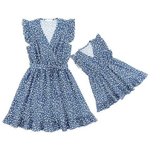 Joyccin Mother Kids Cross Wrap V-neck Clothing Ruffle Flutter-sleeve Family Matching Outfits All Over Dots Boho Vacation Dresses