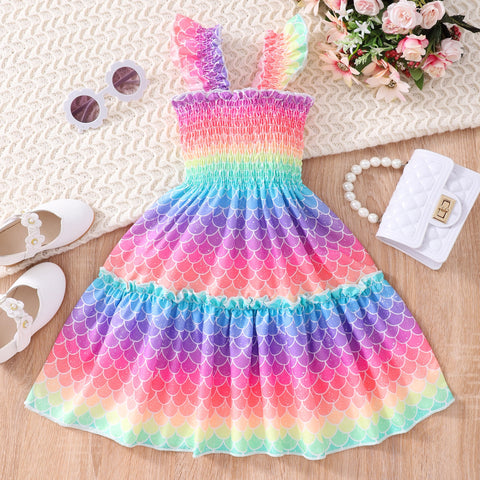 Summer Dress Girls Cartoon Animal Mermaid Butterfly Rainbow Flying Sleeve Kids Dresses Cotton Ruffles Toddler Girl Clothes 1-7Y
