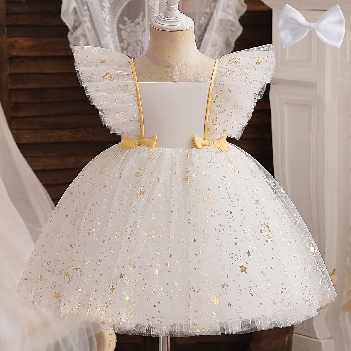 Toddler Girl Party Princess Dress Baby Champagne 1st Birthday Outfits Kids Summer Puff Sleeve Sequin Tutu Gown Girl Gala Clothes