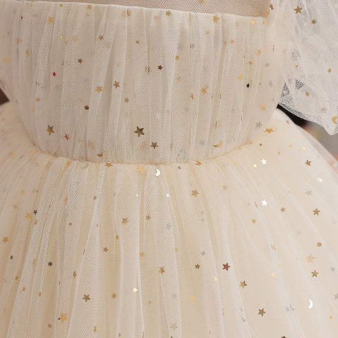 Toddler Girl Party Princess Dress Baby Champagne 1st Birthday Outfits Kids Summer Puff Sleeve Sequin Tutu Gown Girl Gala Clothes