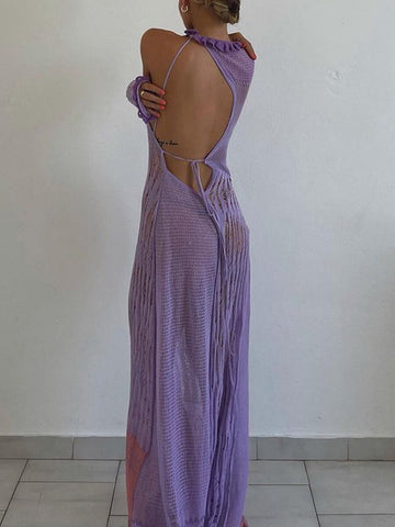 Women Long Knit Dress Contrast Color Hollow-Out See-Through One Shoulder Long Sleeve Beach Dress Bikini Cover-Ups