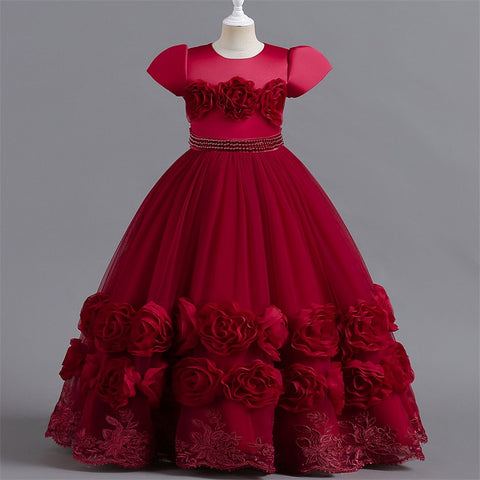 Floral Embroidery Elegant Kids Wedding Dresses Lace Mesh Children's Long Formal Princess Dress For Girls Evening Dresses