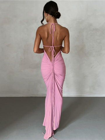 Pink Backless Sexy Maxi Dresses for Women 2023 Spaghetti Strap Ruched Bodycon Dress Wedding Evening Party Dress Elegant Luxury