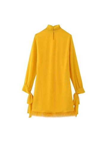 Nlzgmsj TRAF  Women Fashion Sexy Mini Tassel Dress Evening Party Elegant Long Sleeves bow decoration Evening Dress