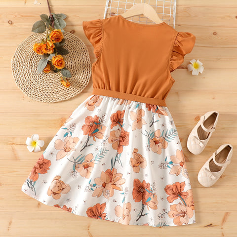 PatPat Girl Kids Dress Girl Dresses for Very Elegant Party Ruffled Floral Print Splice Belted Flutter-sleeve Dress Girl Clothing