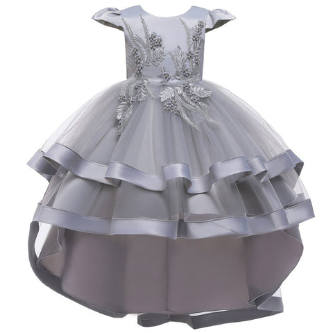 Summer New Children Fashion Embroidery Pearl Trailing Dress Middle And Big Children Party Flower Girl Piano Performance Clothing
