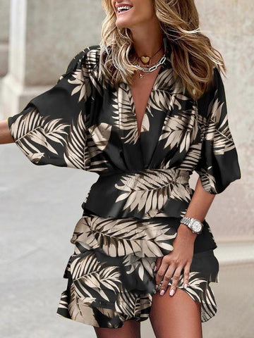 MOVOKAKA Ladies Spring Summer Sexy Beach Dress Batwing Sleeve V-neck Beam Waist Casual Mid Dress For Women Print Tierred Dresses