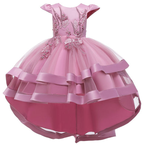 Summer New Children Fashion Embroidery Pearl Trailing Dress Middle And Big Children Party Flower Girl Piano Performance Clothing