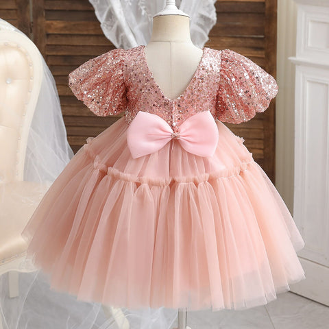 Toddler Girl Party Princess Dress Baby Champagne 1st Birthday Outfits Kids Summer Puff Sleeve Sequin Tutu Gown Girl Gala Clothes