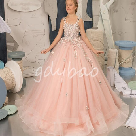 Pink Tulle Flower Girl Dresses for Weddings Elegant Birthday Princess Kids Evening Party Prom First Communion Pageant Ball Gowns