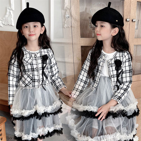 Princess Girls Clothes Set Spring Autumn Children Girls Outwear Coat +Tutu Dress 2pcs Vintage Sweet Outfits Suit for Girl 3-10y