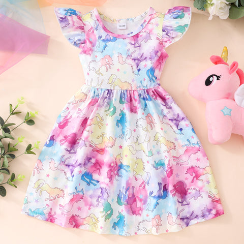 Flying Sleeve Dress Baby Girls Kids Party Tutu Ruffle Rainbow Dinosaur Dress Cotton Newborn Costume for 2-9Y