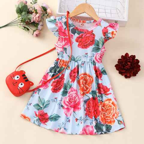 Summer Dress for Girls Lovely Cartoon Animal Dinosaur Flying Sleeve Kids Dresses Cotton Ruffles New Toddler Girl Clothes 1-7Y