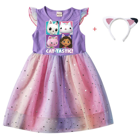 Cartoon Gabby Cats Baby Girl Dresses Kids Gabby's Doll House Clothes Cosplay Costume Children Fly Sleeve Casual Dress + Headband