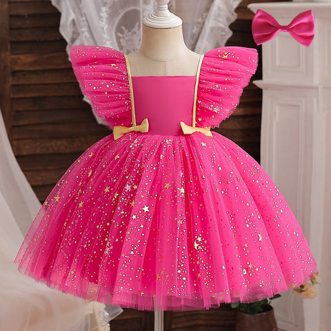 Toddler Girl Party Princess Dress Baby Champagne 1st Birthday Outfits Kids Summer Puff Sleeve Sequin Tutu Gown Girl Gala Clothes