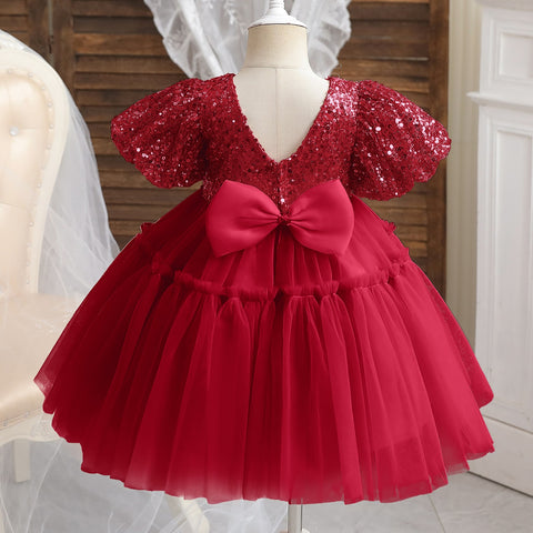 Toddler Girl Party Princess Dress Baby Champagne 1st Birthday Outfits Kids Summer Puff Sleeve Sequin Tutu Gown Girl Gala Clothes