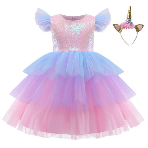 Kids Unicorn Dress for Girls Flower Rainbow Princess Fancy Birthday Party Dress Halloween Perform Costume Unicorn Girl Dress