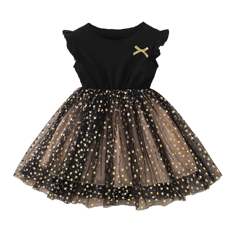 LJMOFA Summer Toddler Girl Dress Princess Cotton Tulle Tutu Dress for 2-6Y Kids Casual Birthday Party Star Shaggy Dress D236