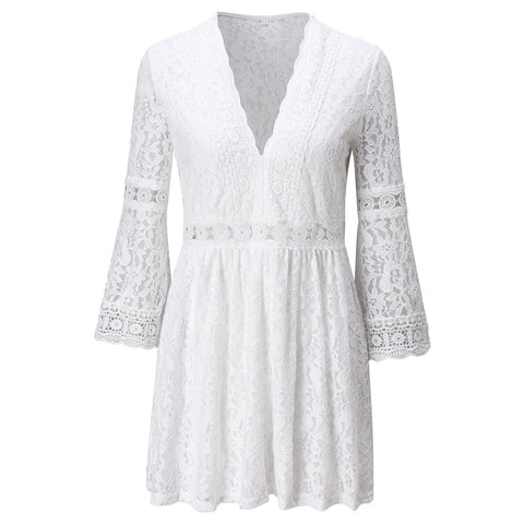 White Vintage Lace Dress Women Sexy Deep V-neck Hollow Out Long Sleeve Dresses For Women 2023 Spring Autumn Black Mini Dress