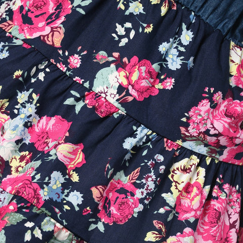 Summer Girls Denim Floral Dress Baby Kids Fashion Outfit Party Dress with Rose 2-10Y Children Flying Short Sleeve Casual Clothes
