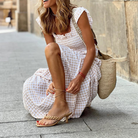 Women Boho Beach Dress Elegant Square Collar Plaid Dress Summer Casual Vintage Pleasted Dressre Y2K Cloting Sleeveles Maxi Dress