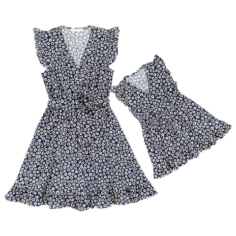 Joyccin Mother Kids Cross Wrap V-neck Clothing Ruffle Flutter-sleeve Family Matching Outfits All Over Dots Boho Vacation Dresses