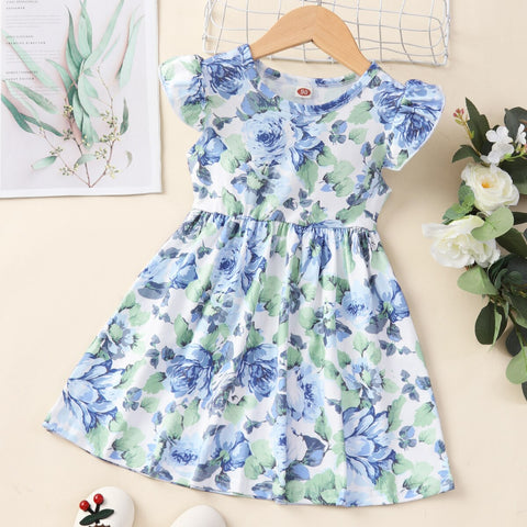 Summer Dress for Girls Lovely Cartoon Animal Dinosaur Flying Sleeve Kids Dresses Cotton Ruffles New Toddler Girl Clothes 1-7Y