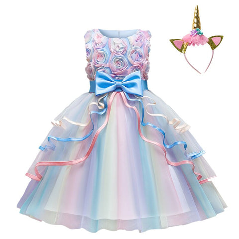 Kids Unicorn Dress for Girls Flower Rainbow Princess Fancy Birthday Party Dress Halloween Perform Costume Unicorn Girl Dress