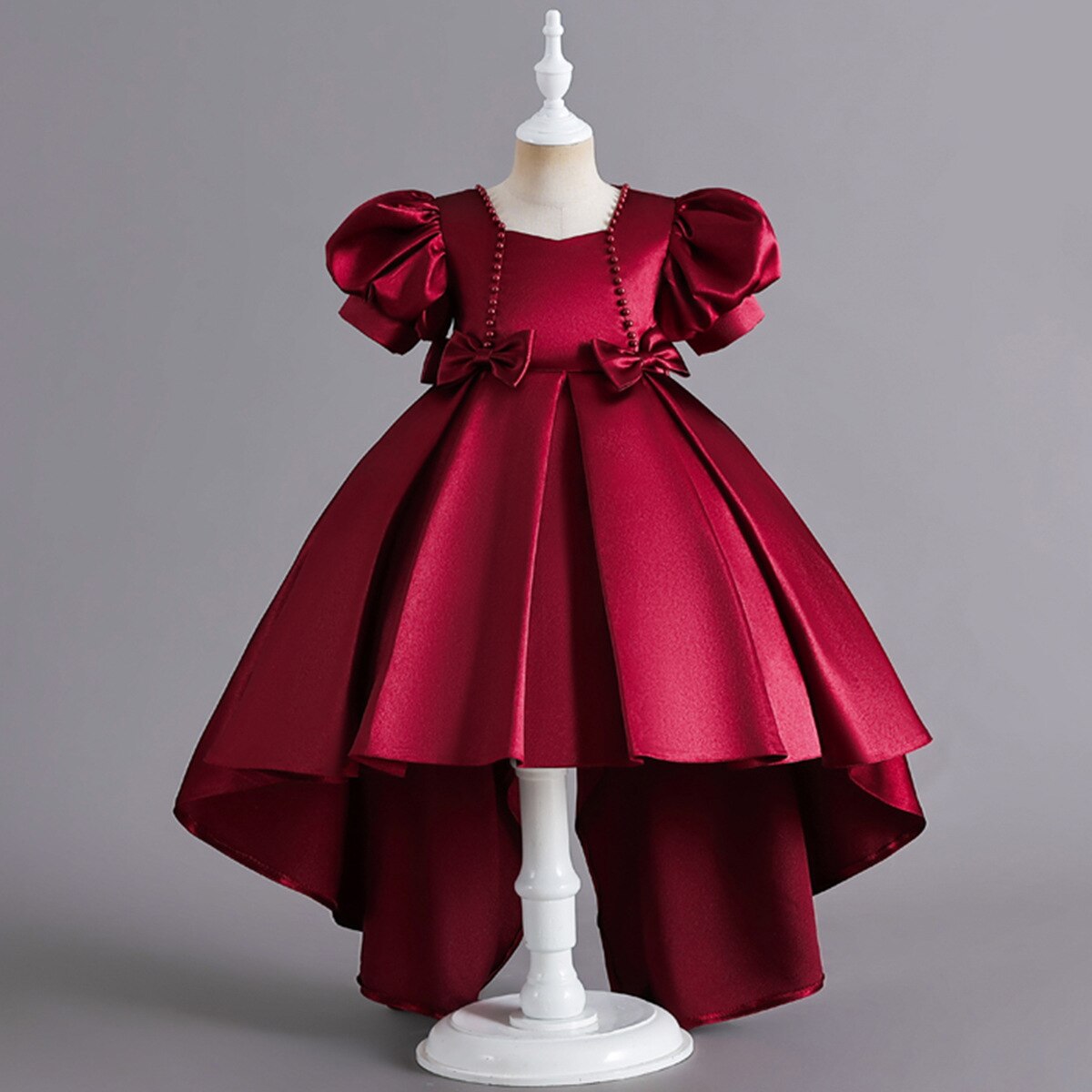 Girls Tail Princess Dress New Summer Medium And Big Children Catwalk Dress Girls Bow Knot Beaded Puff Sleeve Party Formal Dress
