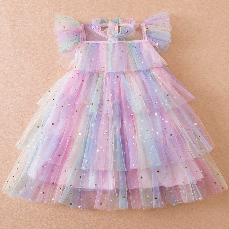 Girl Sequin Rainbow Princess Dress 3 6 8 Yrs Fancy Kids Unicorn Mesh Party Cake Clothes Toddler Girl Summer New Birthday Costume