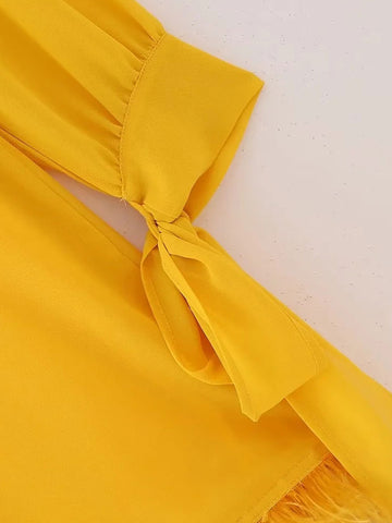 Nlzgmsj TRAF  Women Fashion Sexy Mini Tassel Dress Evening Party Elegant Long Sleeves bow decoration Evening Dress