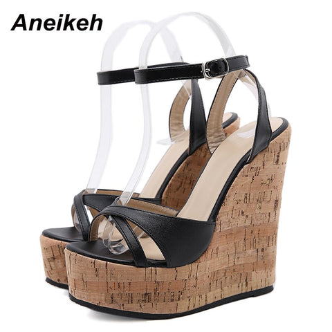Aneikeh NEW Sexy Shoes For Women 2023 Fashion Platform Sewing Wedges High Heels Patchwork Retro Sandals Summer Femmes Chaussures