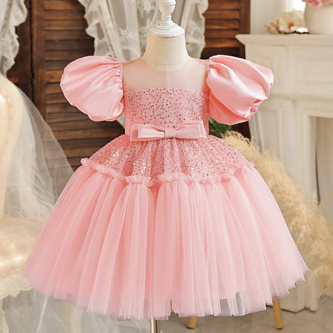 Toddler Girl Party Princess Dress Baby Champagne 1st Birthday Outfits Kids Summer Puff Sleeve Sequin Tutu Gown Girl Gala Clothes