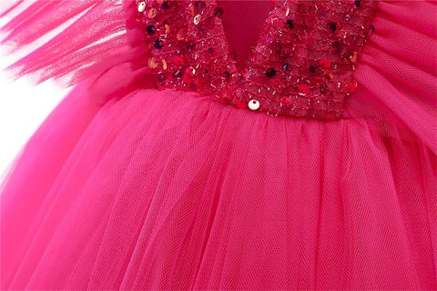 Girls Rose Red Party Princess Dress Kids Sequined Shiny Bithday Ceremony Clothes Children Tulle Ball Gown For Wedding Size 3-8T
