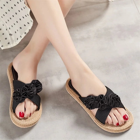 Women s Casual Flat Sandals with 3D Flower Embellishments Open Toe Design and Hemp Rope Sole for Summer Comfort