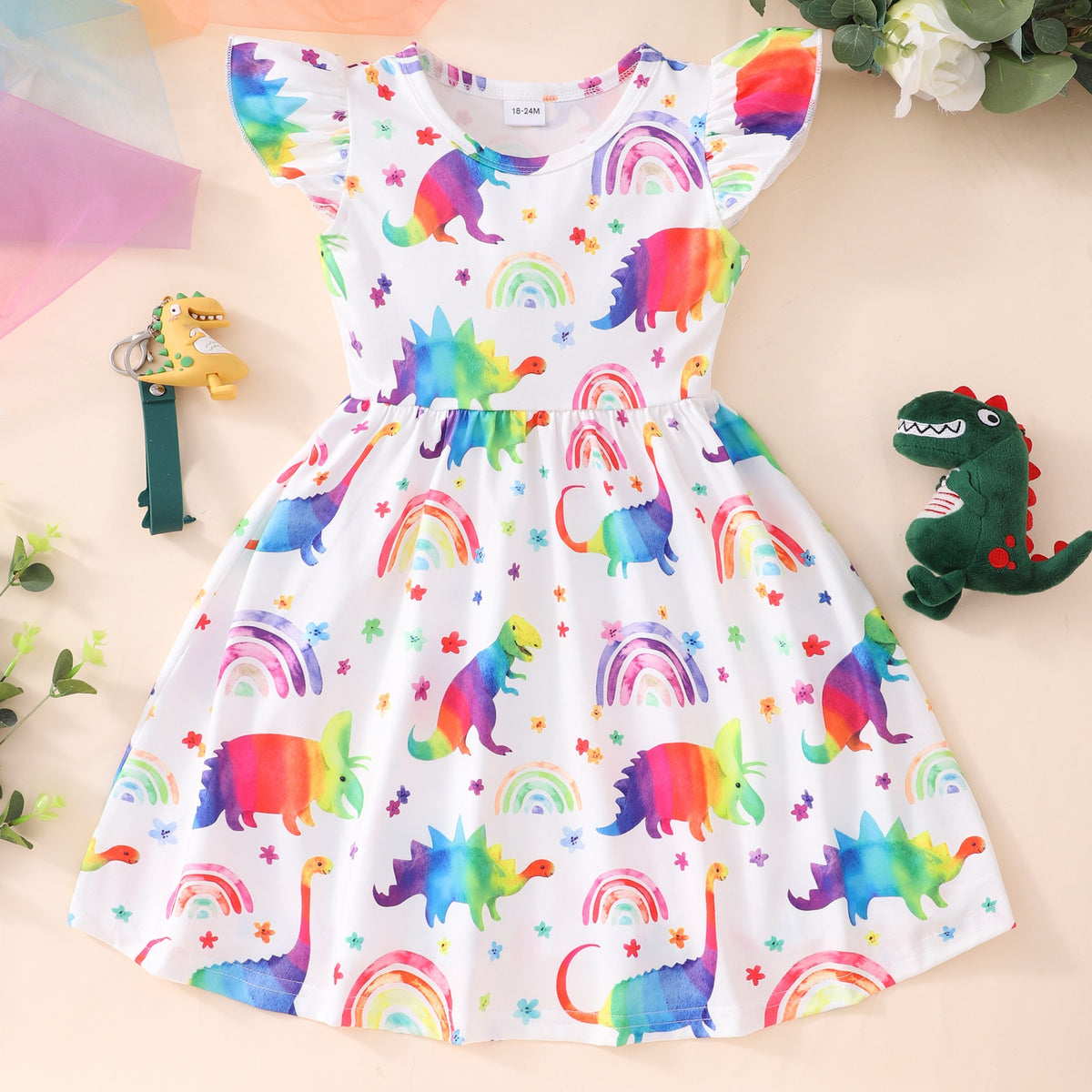 Flying Sleeve Dress Baby Girls Kids Party Tutu Ruffle Rainbow Dinosaur Dress Cotton Newborn Costume for 2-9Y