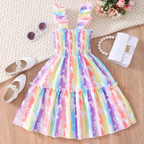 Summer Dress Girls Cartoon Animal Mermaid Butterfly Rainbow Flying Sleeve Kids Dresses Cotton Ruffles Toddler Girl Clothes 1-7Y
