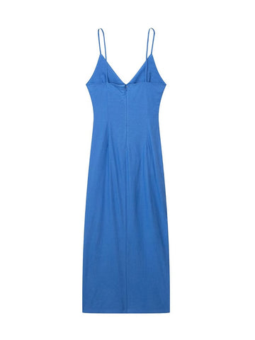 TRAF Summer Women Solid Dress 2023 New Beach Style V-Neck Pleated Decoration Mid-Calf Side Slit Sheath Spaghetti Strap Dress