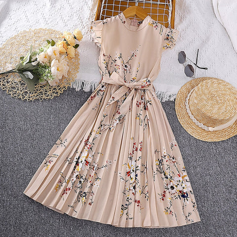Girl 2023 Summer dress Lace cuffs vintage print dress sweet Pleated skirt children's clothing birthday party dress