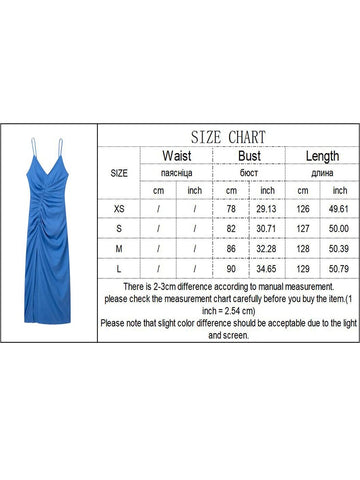 TRAF Summer Women Solid Dress 2023 New Beach Style V-Neck Pleated Decoration Mid-Calf Side Slit Sheath Spaghetti Strap Dress