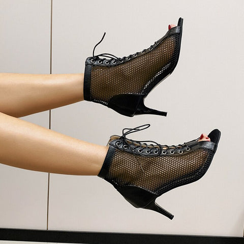 Women Sexy Hollow Mesh High Heels Sandals 2023 Summer New Fashion Trend Comfort Peep Toe Boots Stilettos Jazz Dance Female Shoes