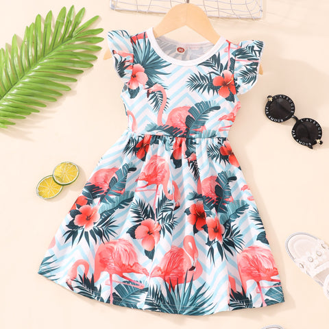 Summer Dress for Girls Lovely Cartoon Animal Dinosaur Flying Sleeve Kids Dresses Cotton Ruffles New Toddler Girl Clothes 1-7Y