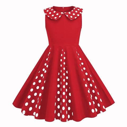 Kids Girls 50s Audrey Vintage Polka Dot Swing Party Rockabilly Dress Retro Peter Pan Doll Collar Wedding Casual Skater Dress