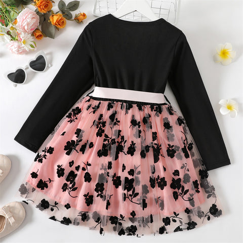 PatPat Kid Girl Dresses Floral Embroidered Belted Mesh Splice Long-sleeve Dress