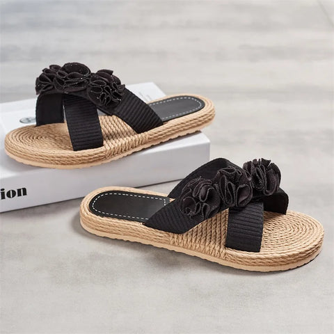 Women s Casual Flat Sandals with 3D Flower Embellishments Open Toe Design and Hemp Rope Sole for Summer Comfort