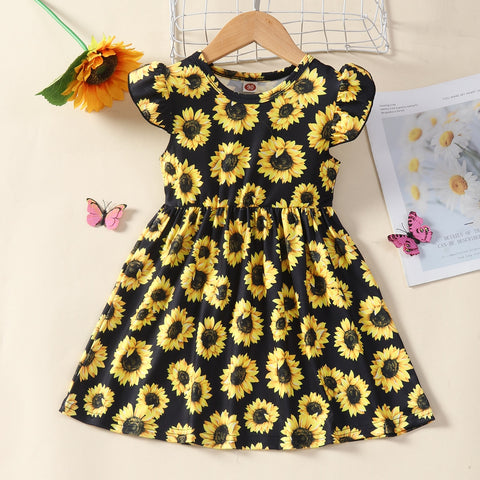 Summer Dress for Girls Lovely Cartoon Animal Dinosaur Flying Sleeve Kids Dresses Cotton Ruffles New Toddler Girl Clothes 1-7Y