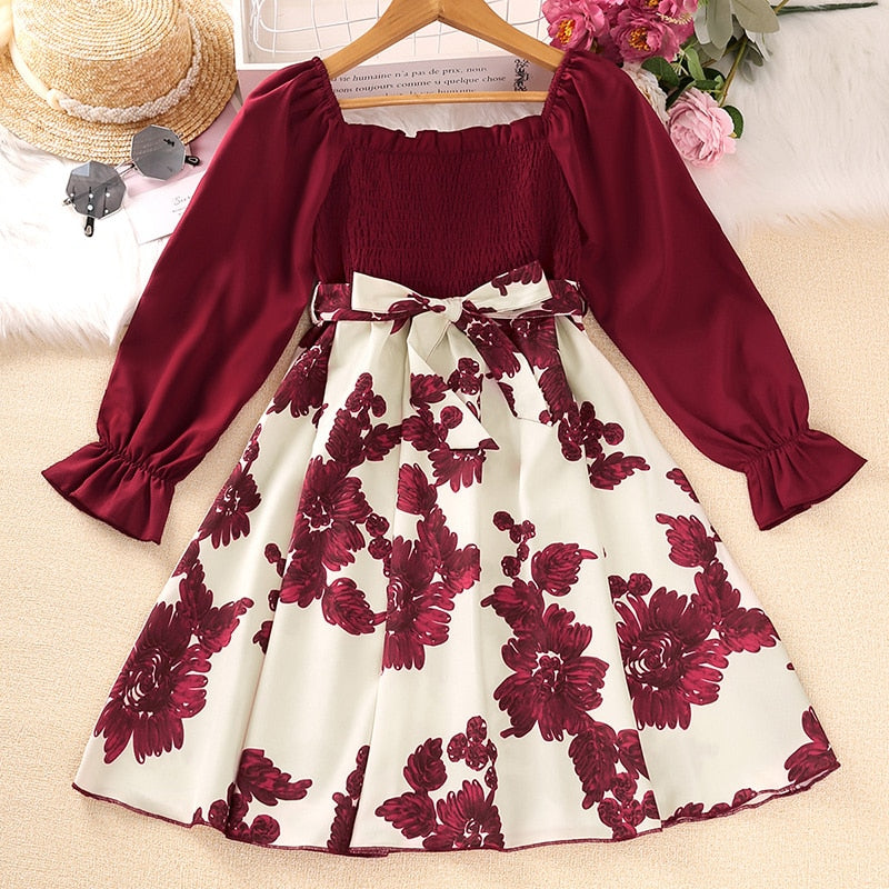 Children's dress Girl print patchwork dress Girl birthday party dress Bubble sleeve princess skirt girl baby dress
