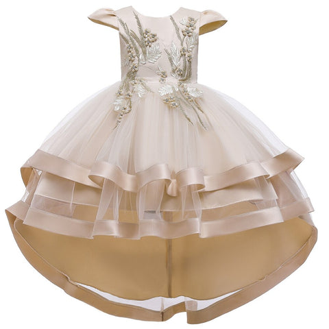 Summer New Children Fashion Embroidery Pearl Trailing Dress Middle And Big Children Party Flower Girl Piano Performance Clothing