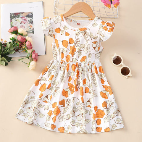 Summer Dress for Girls Lovely Cartoon Animal Dinosaur Flying Sleeve Kids Dresses Cotton Ruffles New Toddler Girl Clothes 1-7Y