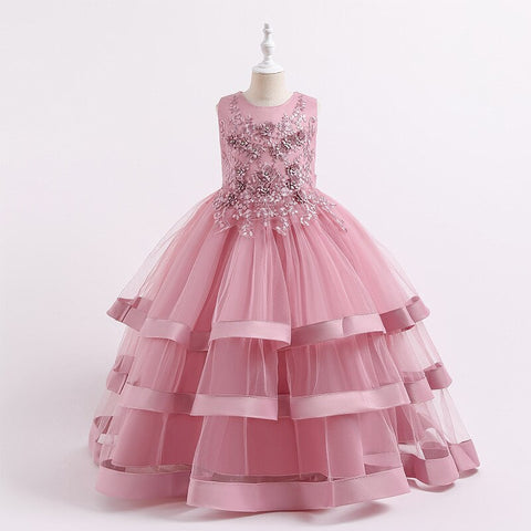 Summer New Children Fashion Embroidery Pearl Trailing Dress Middle And Big Children Party Flower Girl Piano Performance Clothing
